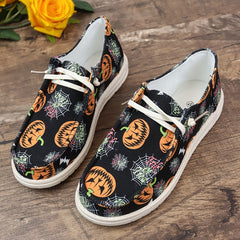 Women's Pumpkin Print Canvas Lace Up Sneakers Lightweight Outdoor Shoes