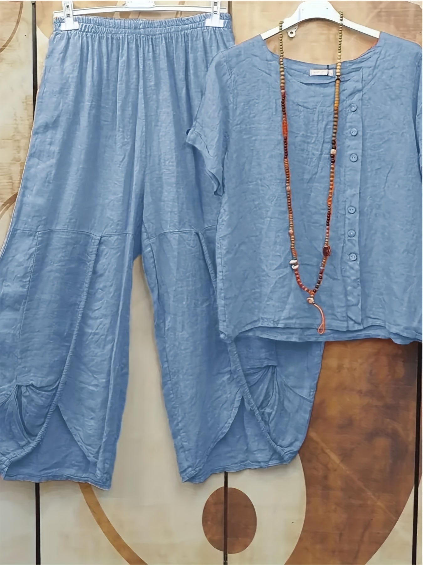 Solid Button Decor Top & Split Harem Pants Set