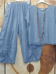 Solid Button Decor Top & Split Harem Pants Set