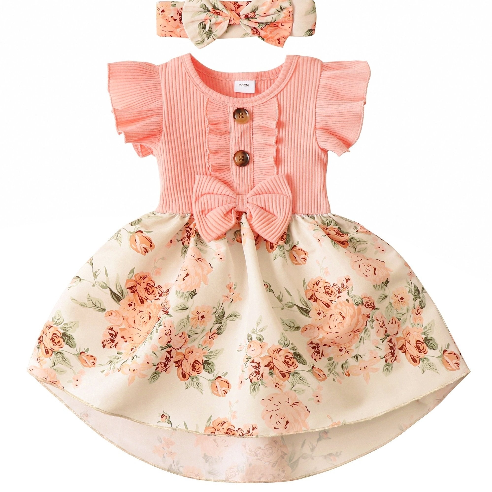 Floral Print Dress & Headband Set for Baby Girls