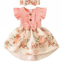 Floral Print Dress & Headband Set for Baby Girls