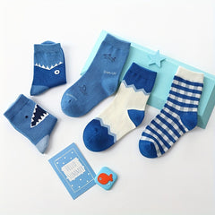 5 Boys Shark Plaid Socks Breathable Odor-proof Students Socks