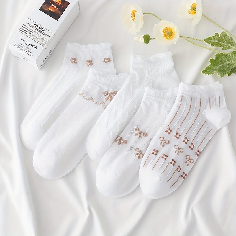 5 Pairs Bow Print Socks Sweet & Ruffle Short Socks