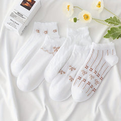 5 Pairs Bow Print Socks Sweet & Ruffle Short Socks