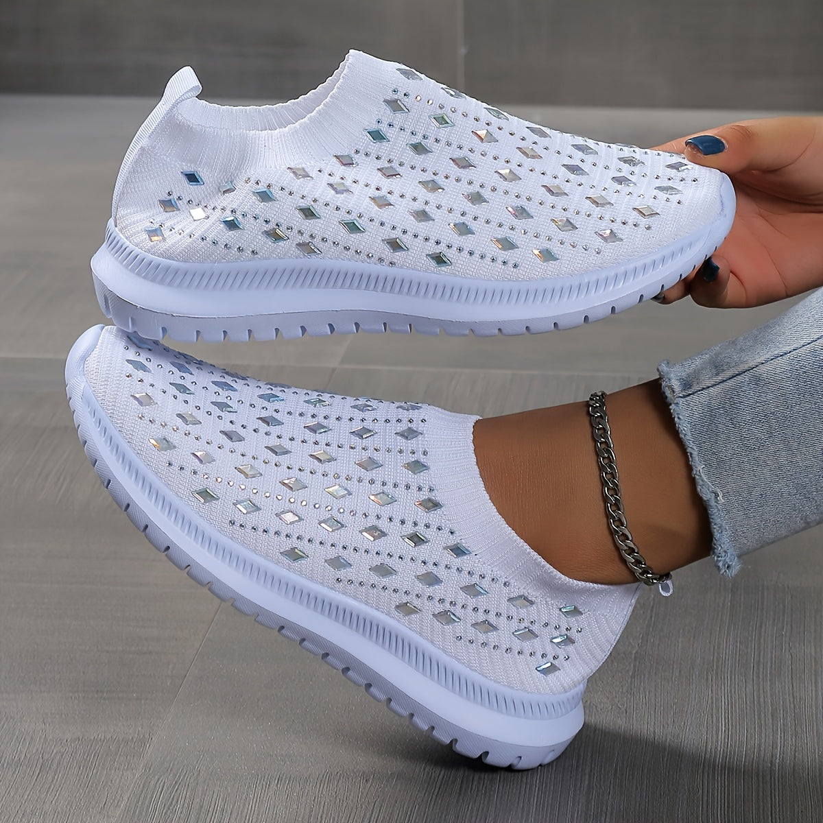 Women's Rhinestone Knit Slip-On Sock Shoes