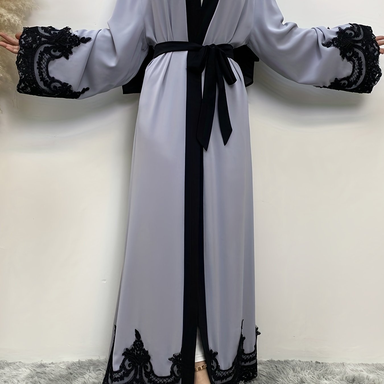 Women's Plus Floral Embroidered Abaya Dress With Belt