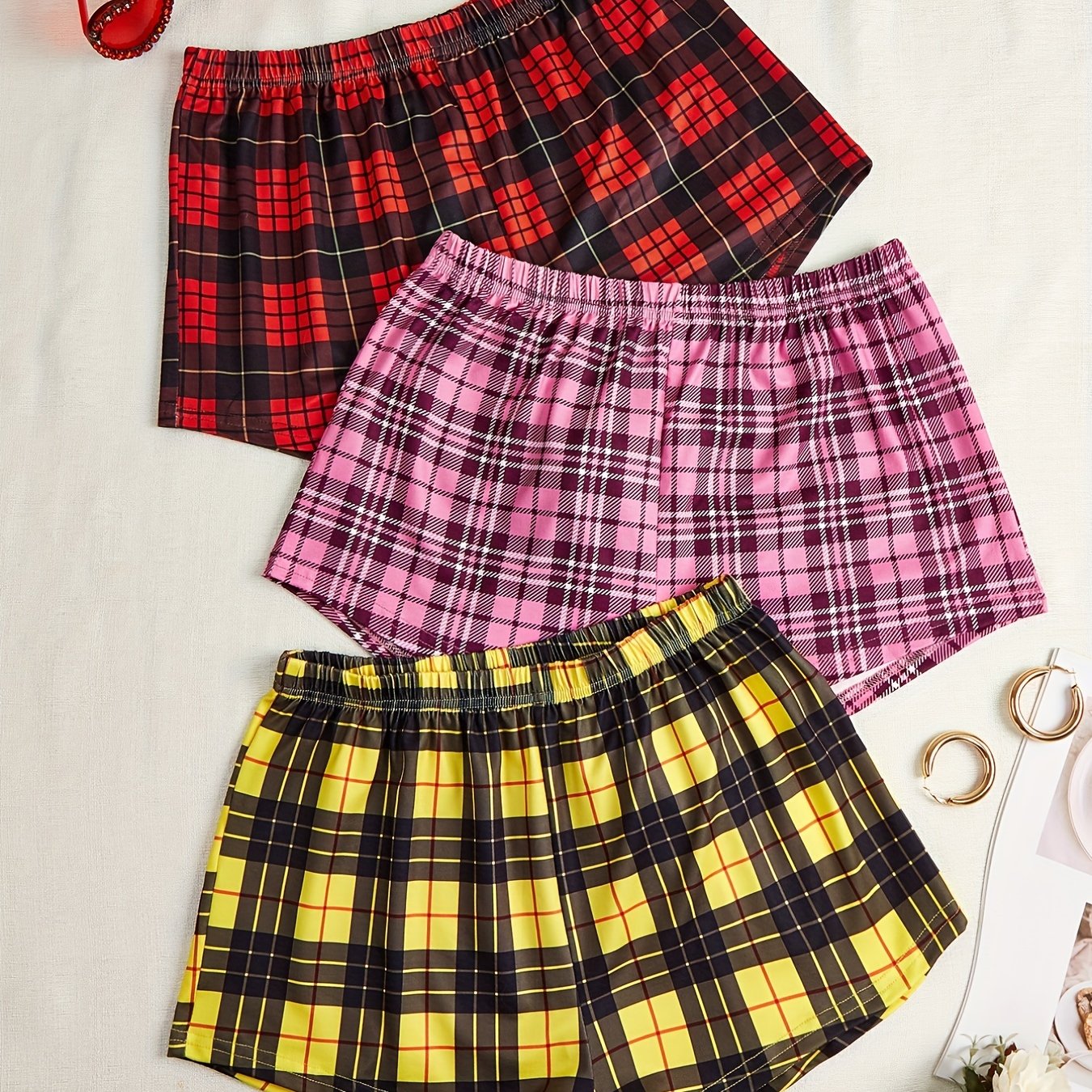 Colorblock Plaid Shorts Soft & Comfy Women's Sleep Bottoms
