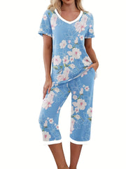 Leopard Print Lounge Set V Neck Short Sleeve Top & Elastic Waistband Pants