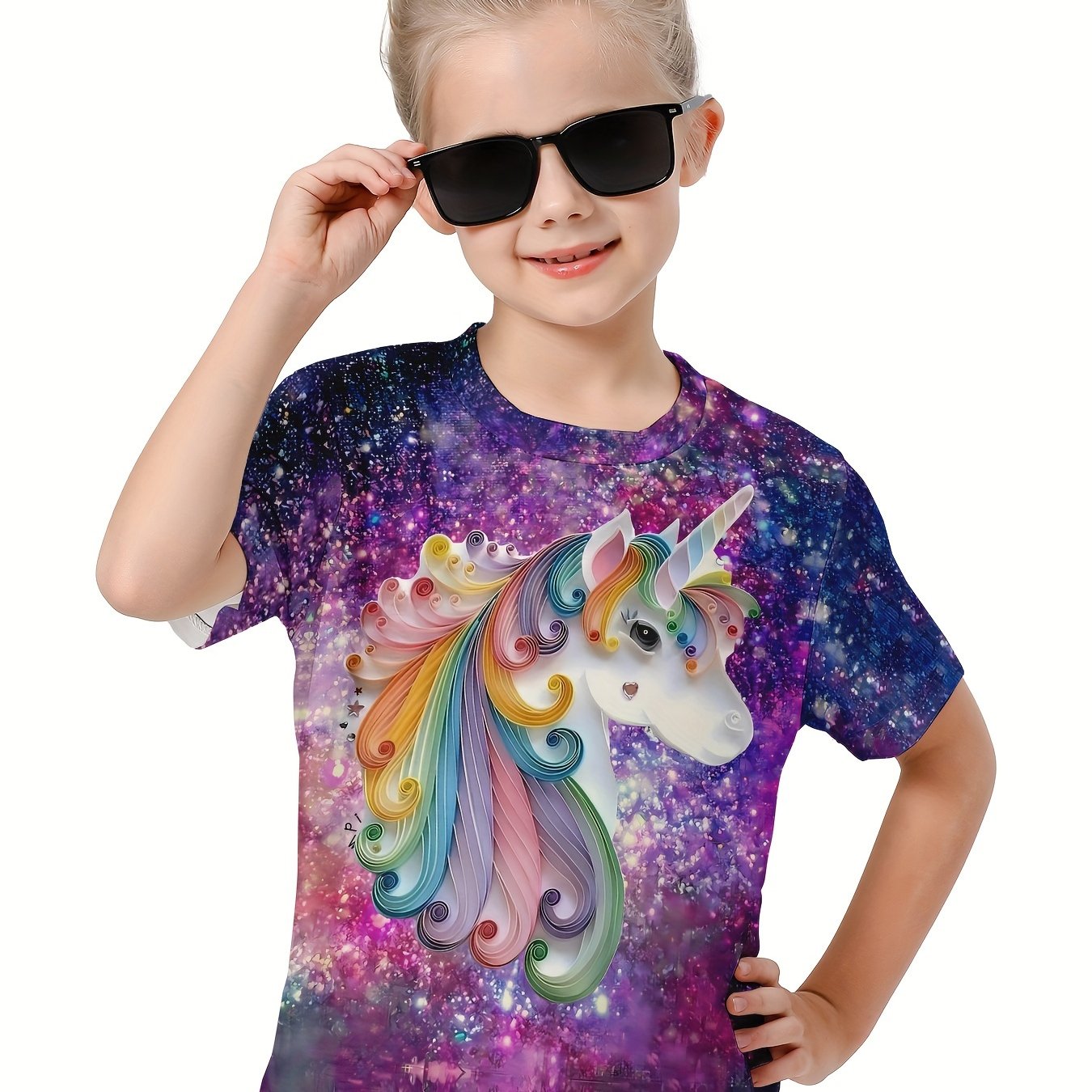 3D Starry Sky & Unicorn Graphic Short Sleeve T-shirt For Girls