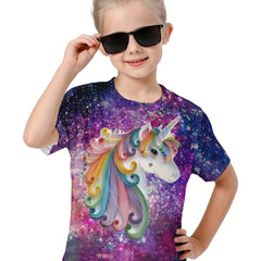 3D Starry Sky & Unicorn Graphic Short Sleeve T-shirt For Girls