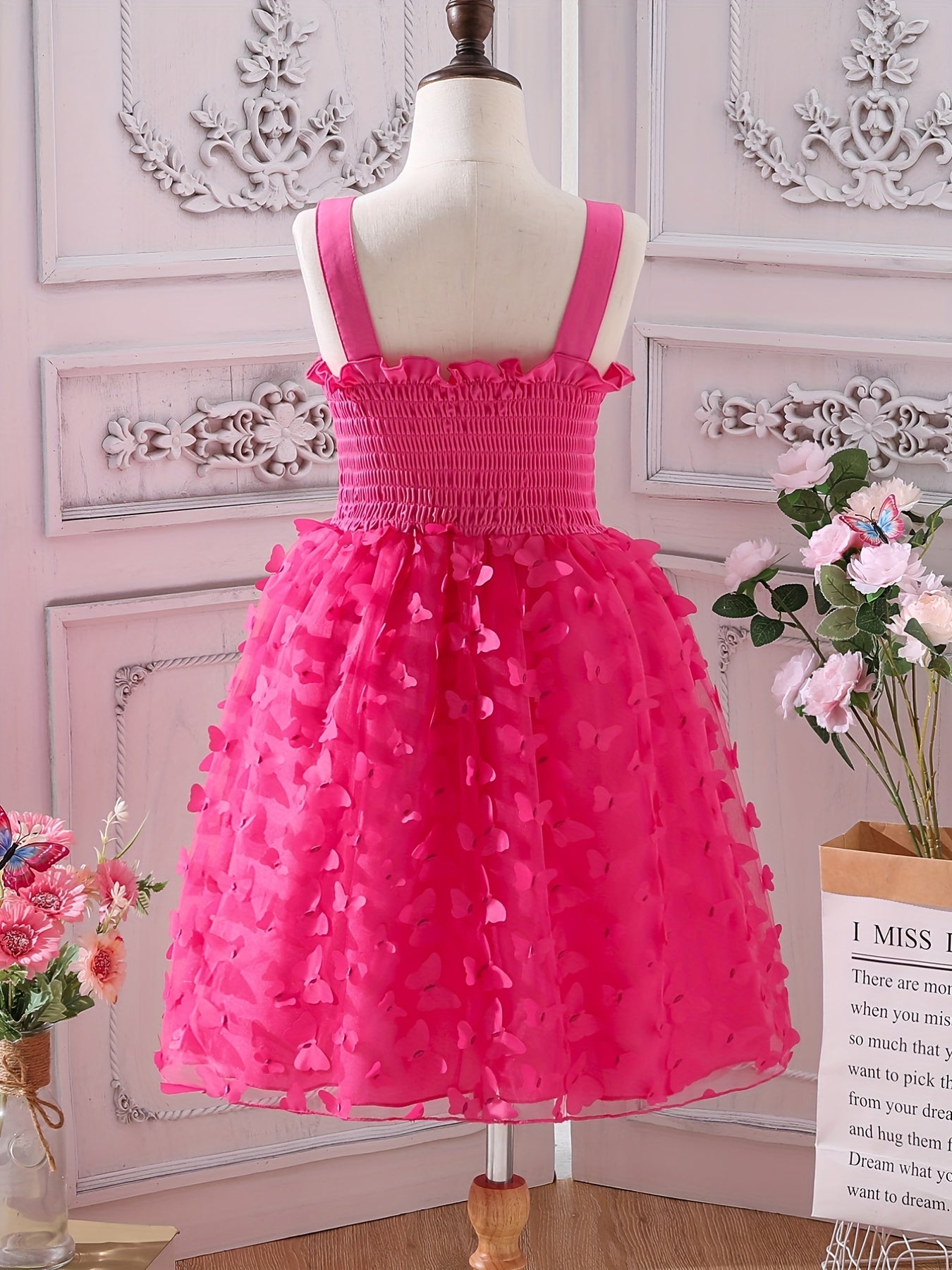 Butterfly Print Shirred Strappy Sundress for Girls