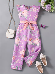 Toddler Girls Flowers Flutter Sleeve Rompers Wide Leg Jumpsuits