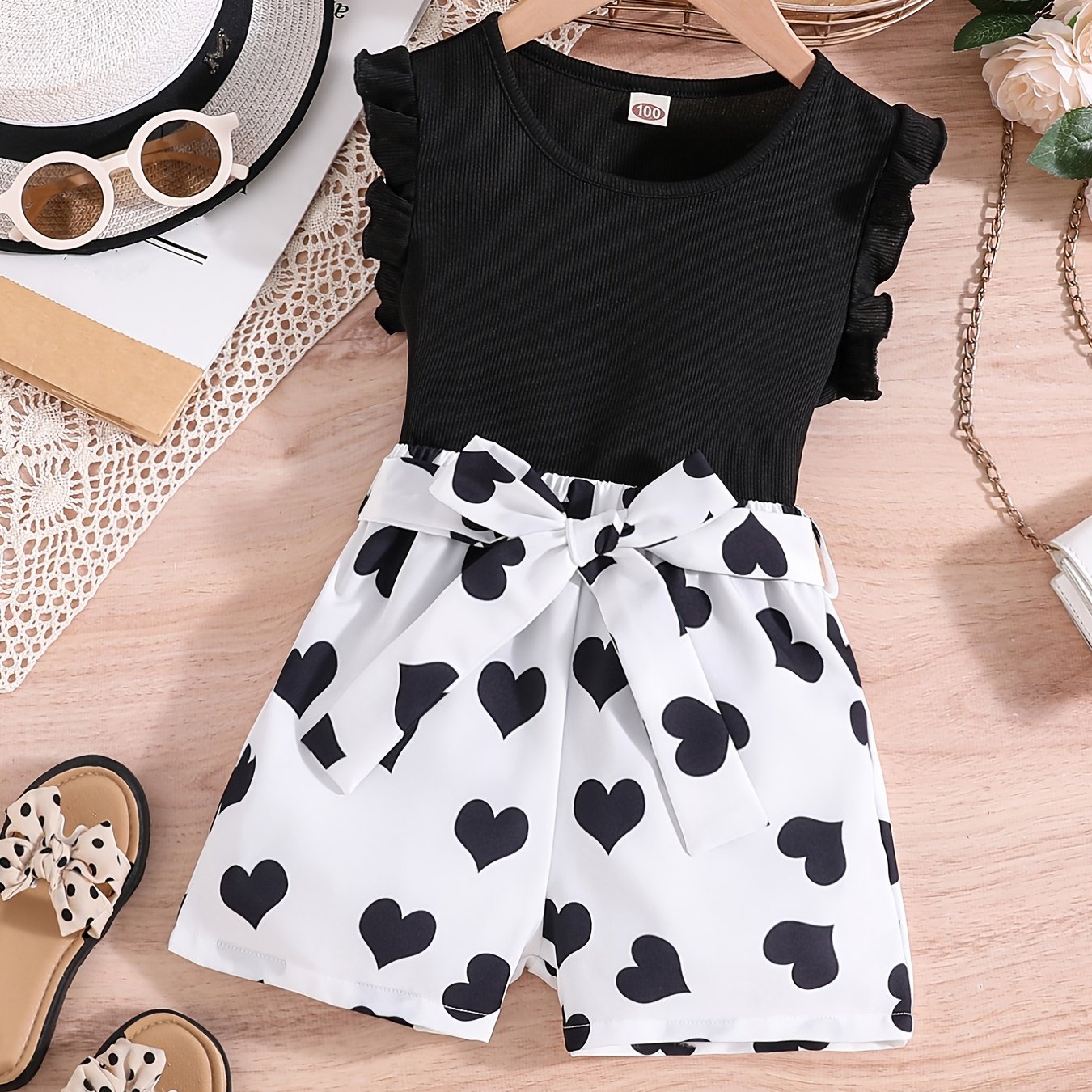 Girls Ruffle Trim Top & Heart Graphic Shorts Set