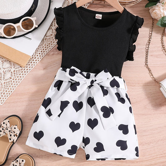Girls Ruffle Trim Top & Heart Graphic Shorts Set