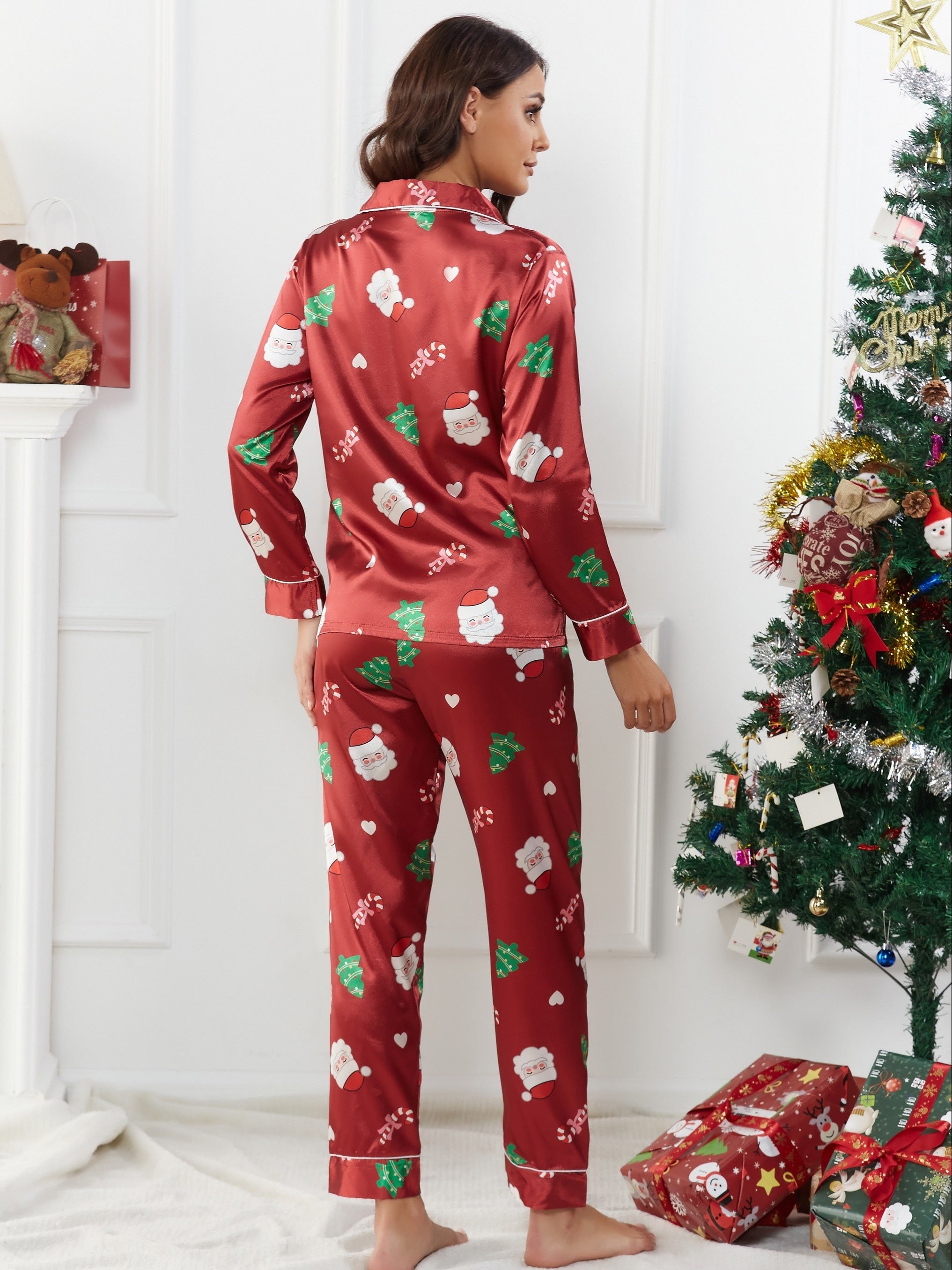 Santa Claus Print Pajama Set Long Sleeve Top & Elastic Waistband Pants