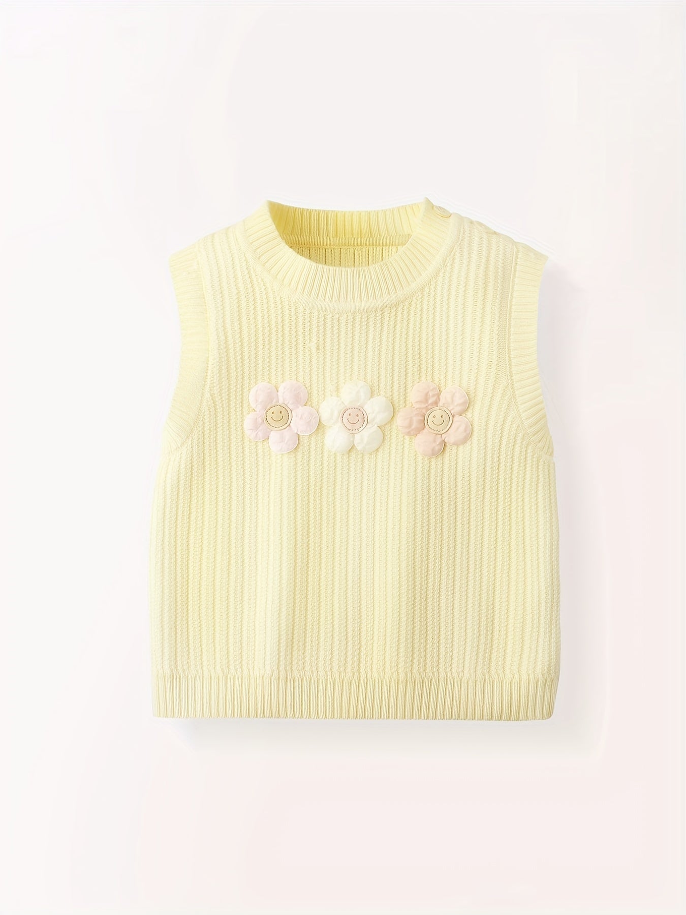 Flower Decor Round Neck Knit Vest for Baby Girls