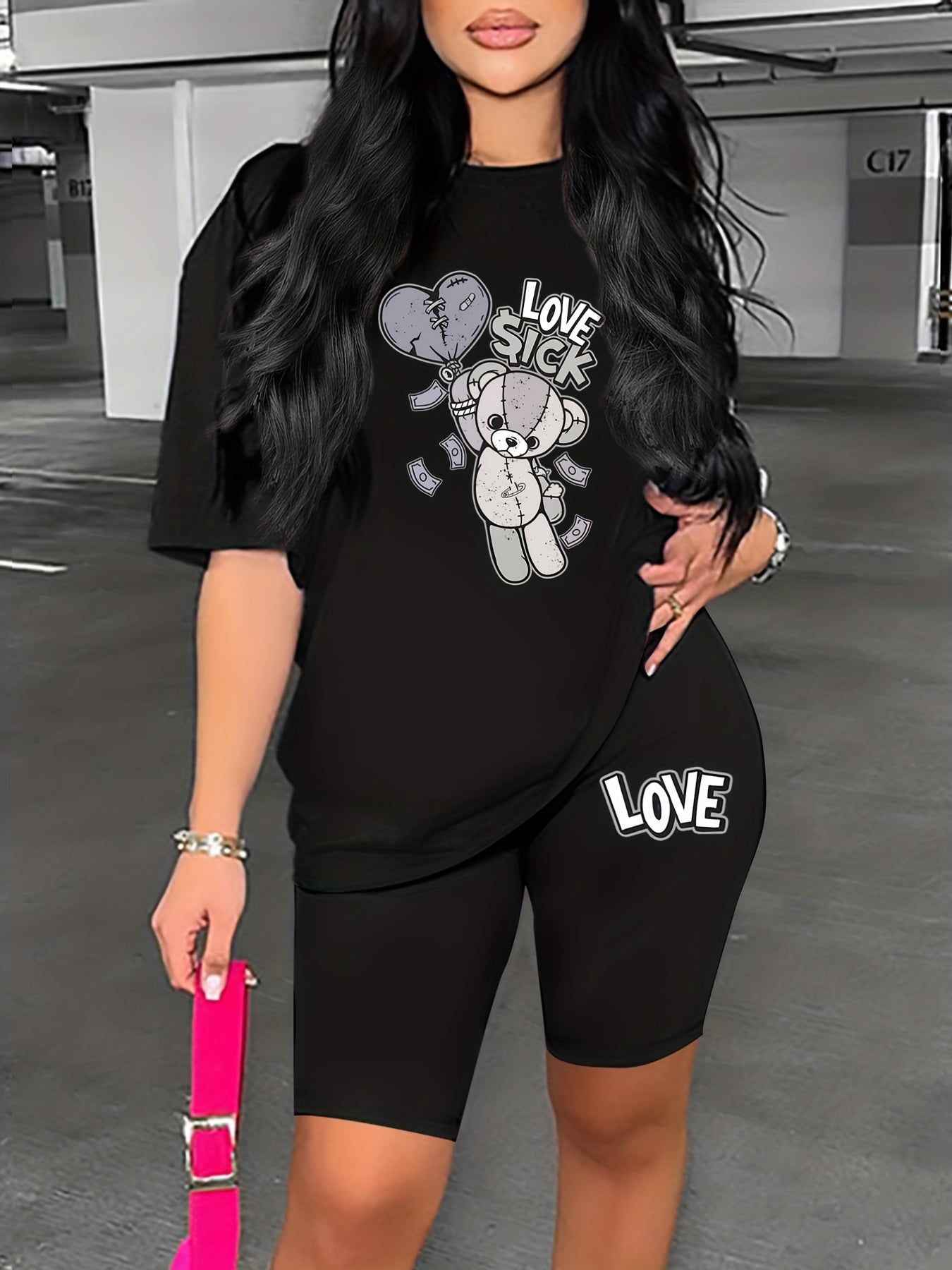 Bear & Letter Print Two piece Set Crew Neck Short Sleeve Tops & Slim Shorts