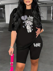 Bear & Letter Print Two piece Set Crew Neck Short Sleeve Tops & Slim Shorts