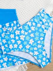 3pcs Girl's Floral Top & Skirt & Bikini Swimsuit Set Kids Beach Clothes