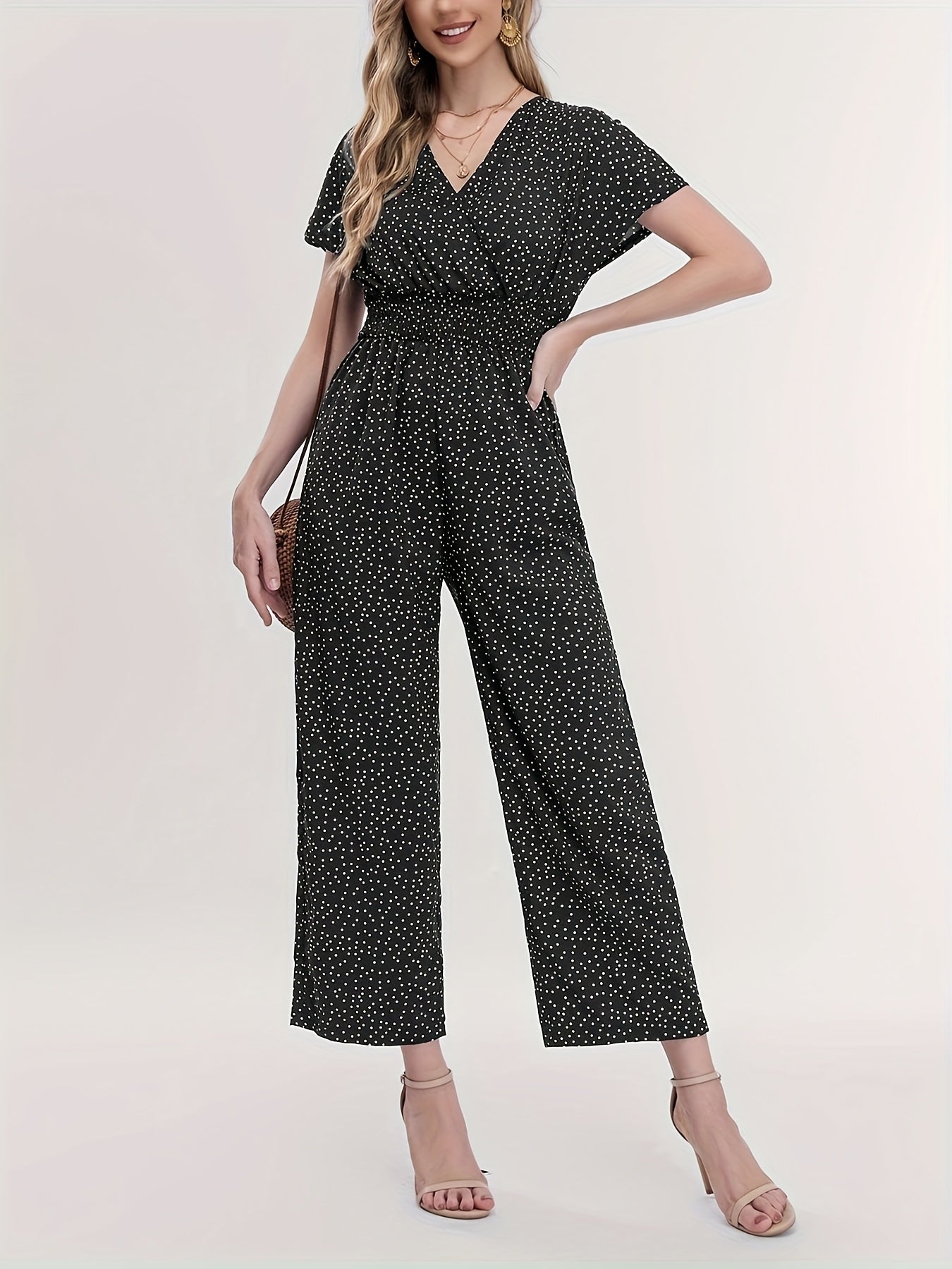 Polka Dot V Neck Jumpsuit Short Sleeve Casual Summer Women's Clothing