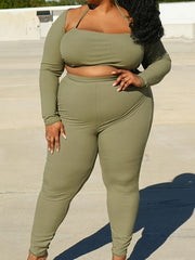 Women's Plus Ribbed Halter Neck Crop Top & Oversleeve & Pants Set