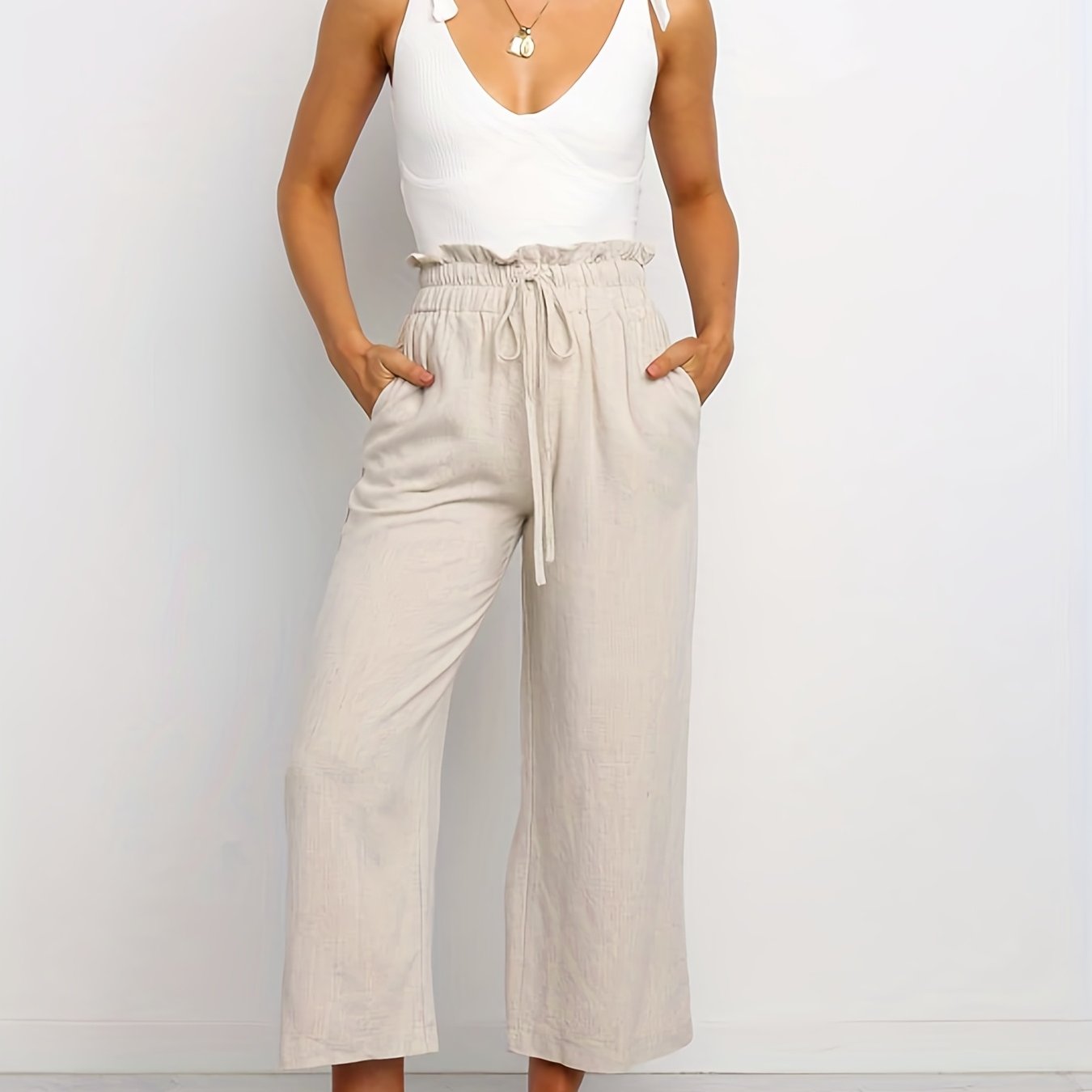 High Waist Cropped Pants Casual Drawstring Waist Pants
