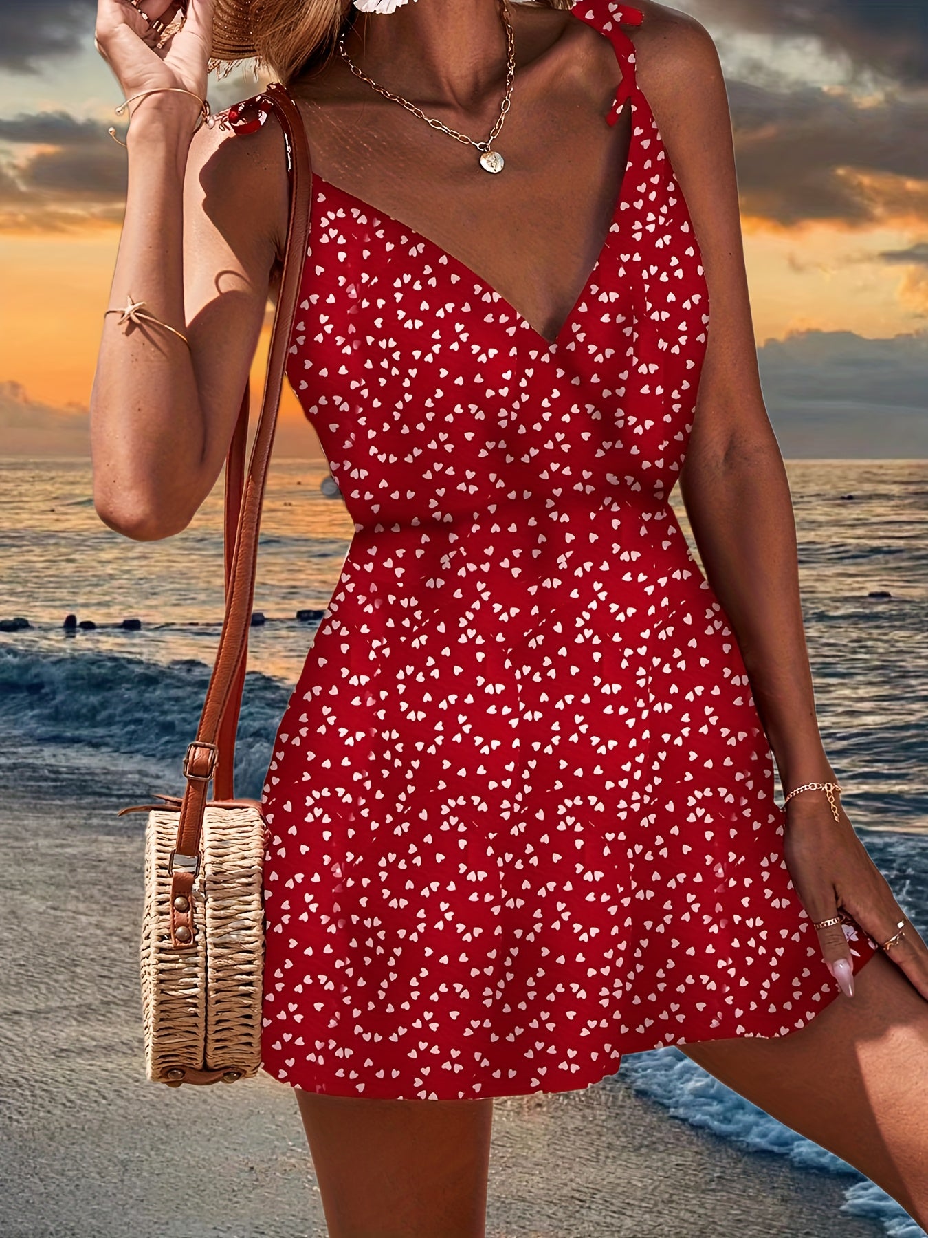 Heart Print V neck Spaghetti Dress Beach Wear Cami Dress Women's Clothing