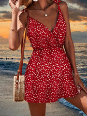 Heart Print V neck Spaghetti Dress Beach Wear Cami Dress Women's Clothing