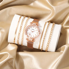 Rhinestone Studded Quartz Watch & 6 Bracelets Set