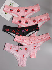 5 Pack Women's Plus Size Thongs Set Lace Pattern Contrast Stretch Medium
