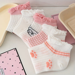 5 Pairs Bear Print & Ruffle Ankle Socks Women's Stockings