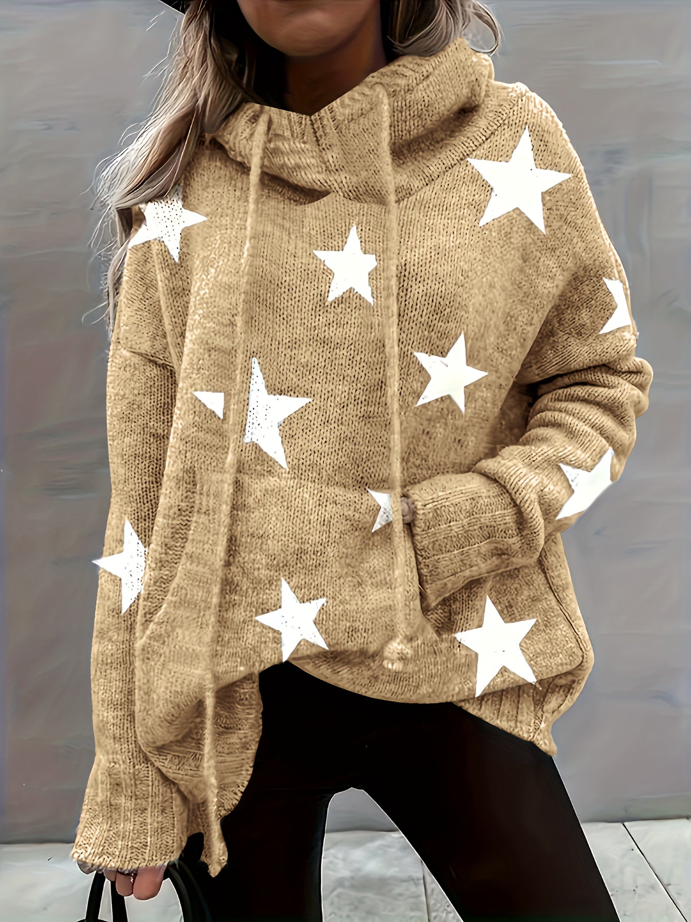 Star Print Long Sleeve Hoodie Sweater With Pockets