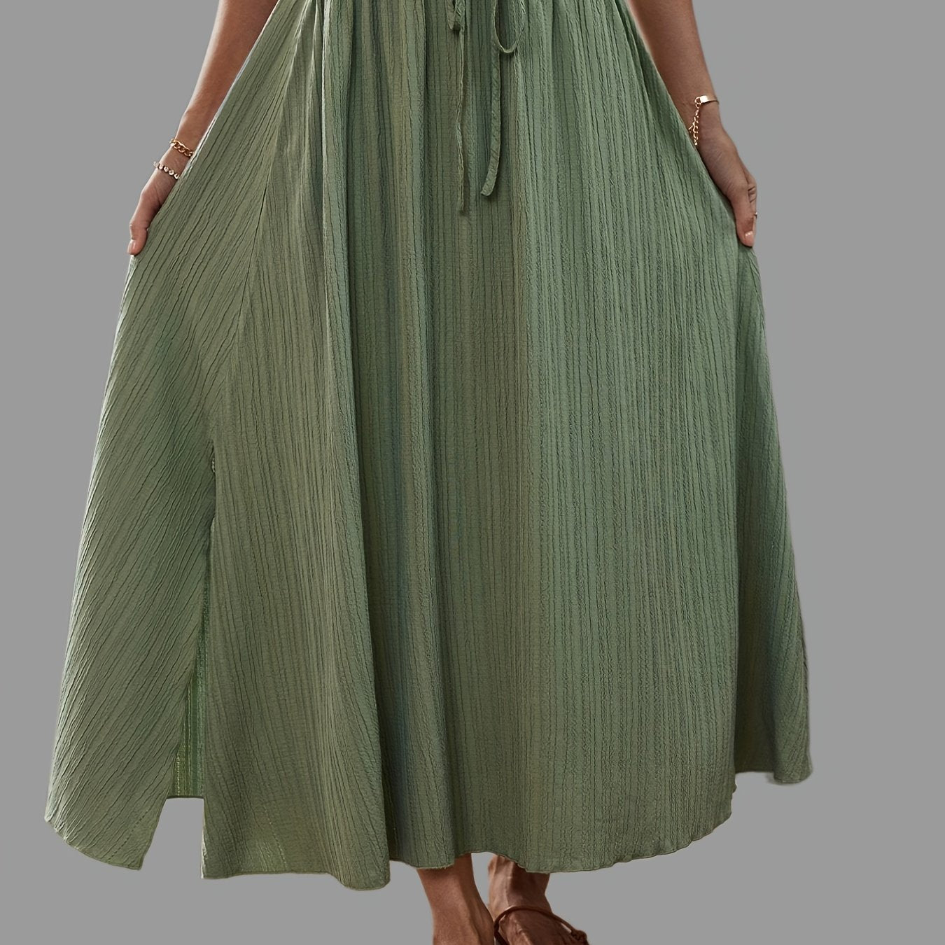 Solid Textured Pleated Drawstring Ankle Skirt