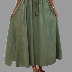 Solid Textured Pleated Drawstring Ankle Skirt