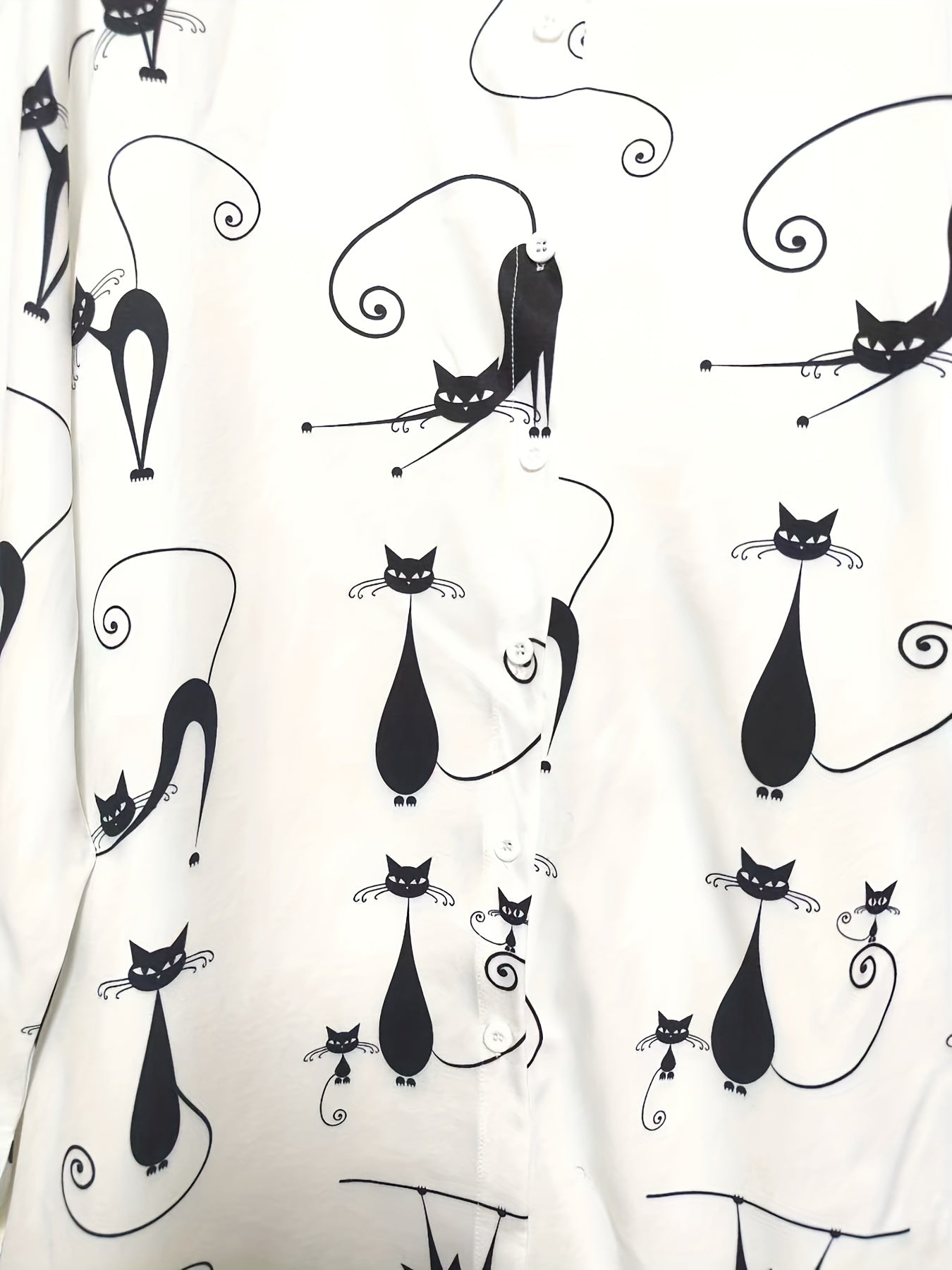 Cartoon Cat Print Button Up Long Sleeve Blouse