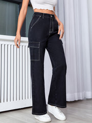Cargo Jeans High Rise Solid Denim Pants