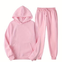 Solid Hoodie & Joggers Set Drawstring Long Sleeve Outfits
