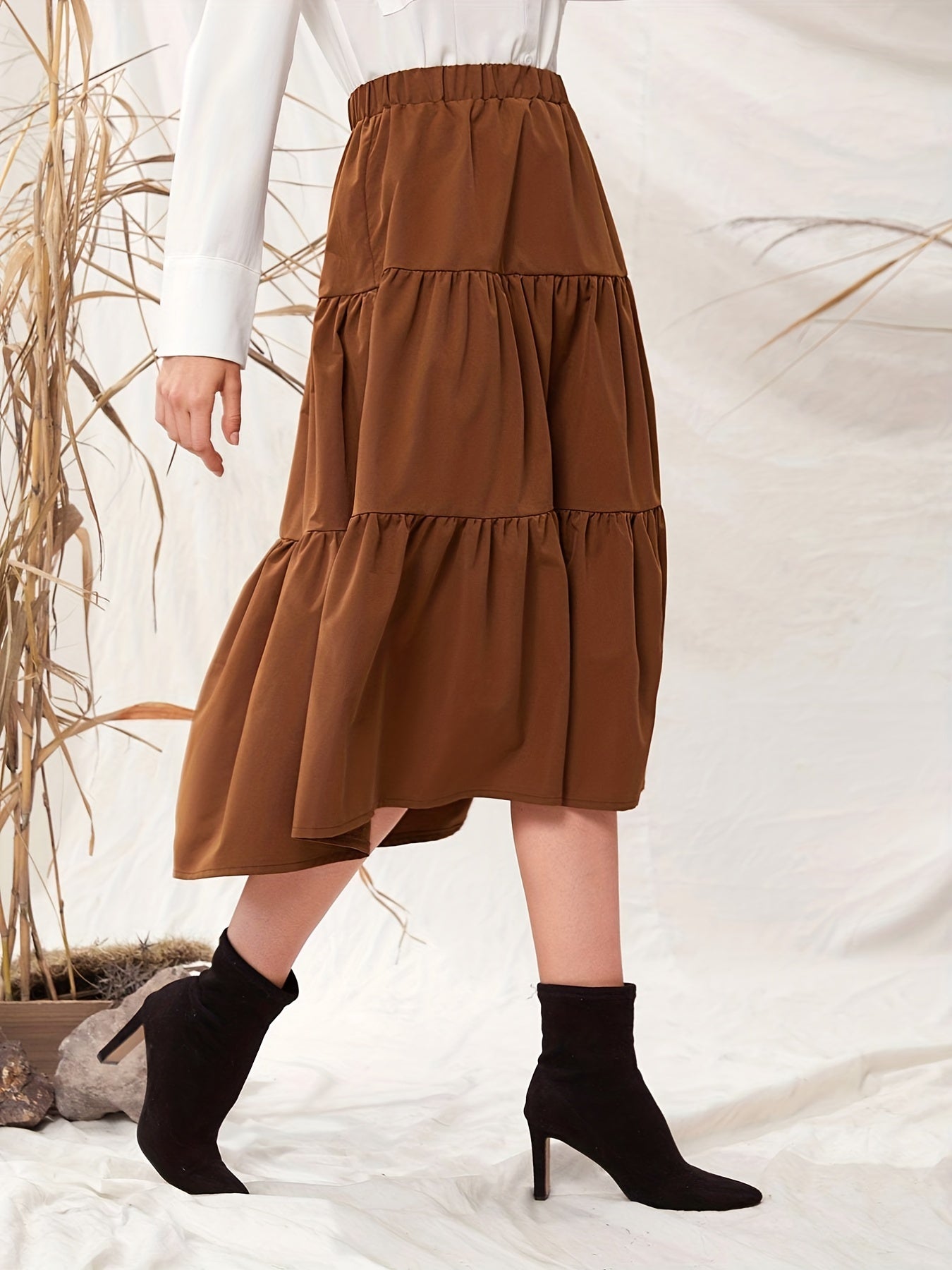 Ruched Elastic Waist Midi Skirt for Women