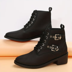 Women's Eyelet Buckle Western Style Cowboy Boots Lace up Outdoor Mid Calf Boots