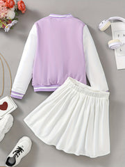 Girls 2pcs Baseball Jacket & Short Skirt Letter A Appliques Decor
