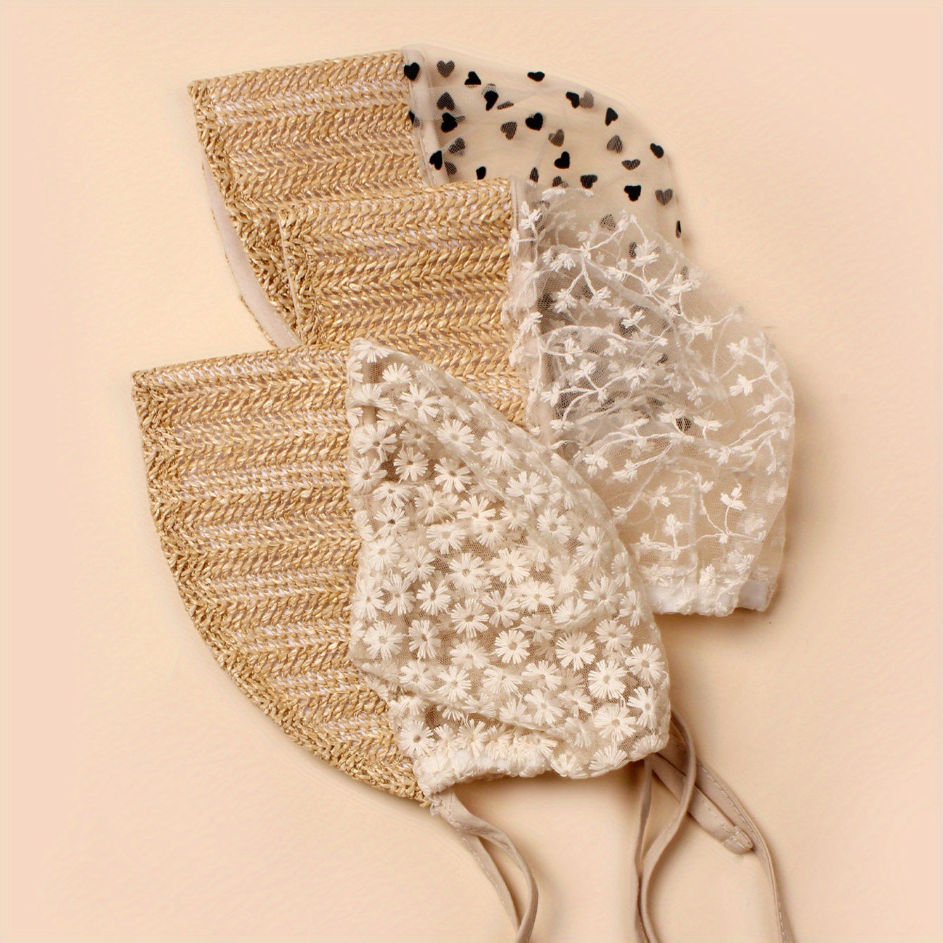 3pcs Flower Mesh Braided Straw Cap Sun Protection Comfortable Breathable Cap