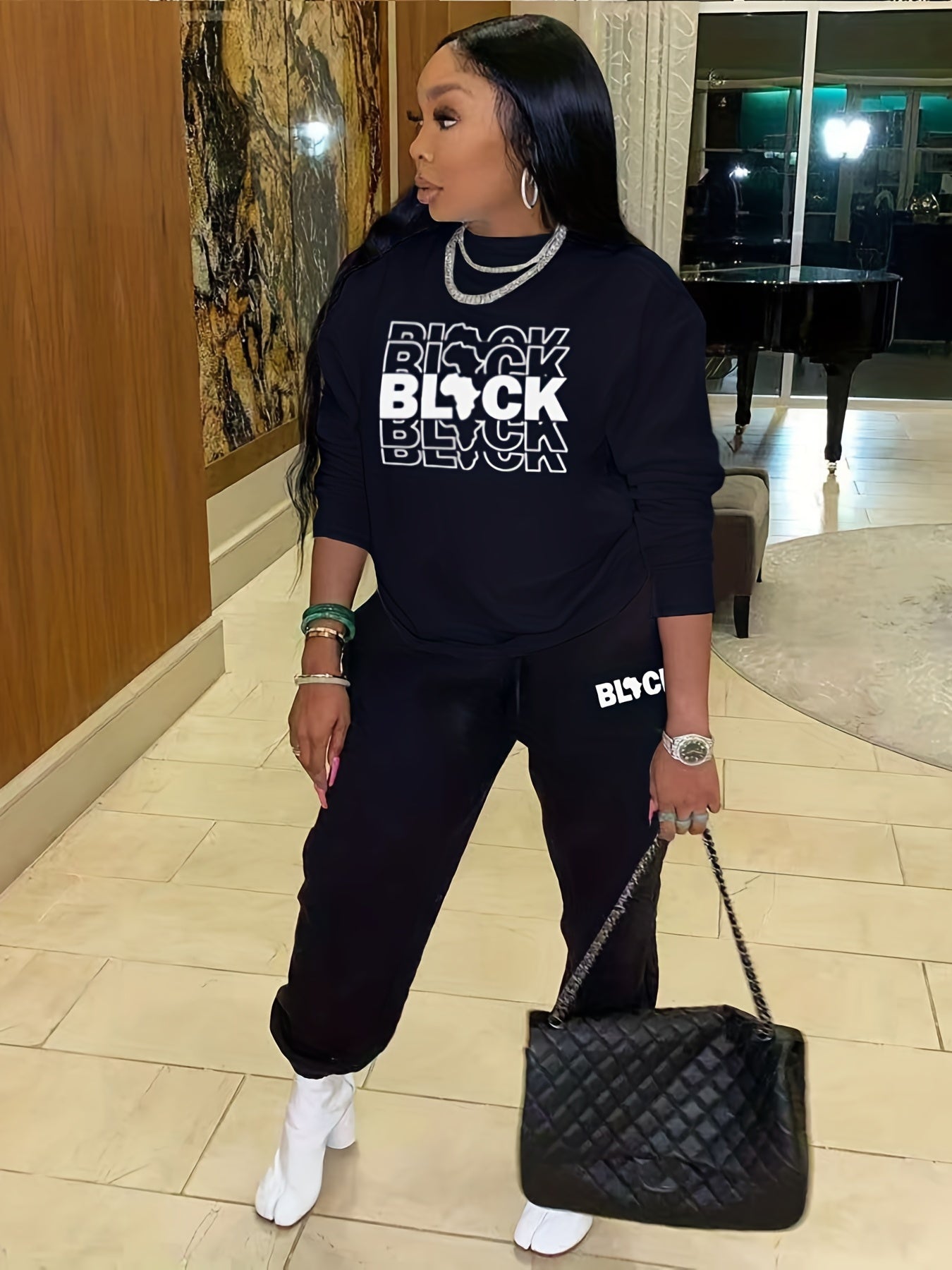 Letter Print Two-Piece Set Crew Neck Long Sleeve Tops & Drawstring Jogger Pants