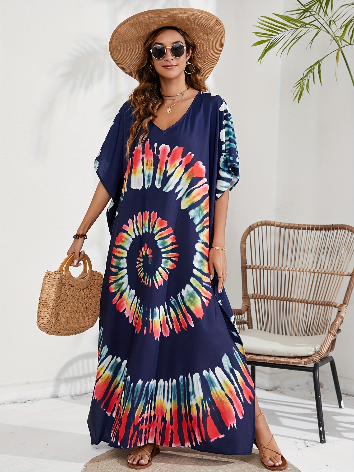 Boho Cover Up Spiral Tie Dye Batwing Sleeve V Neck Split