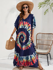 Boho Cover Up Spiral Tie Dye Batwing Sleeve V Neck Split