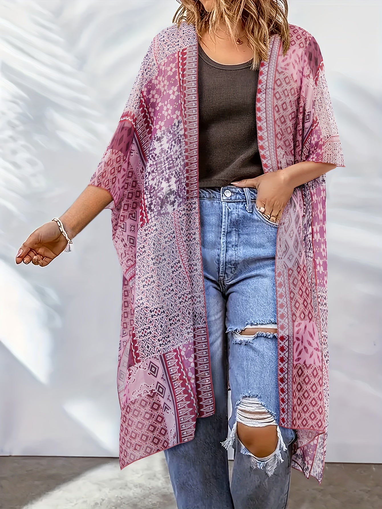 Boho Cover Up Women's Plus Scarf Print Bat Sleeve Open Front Cover Up