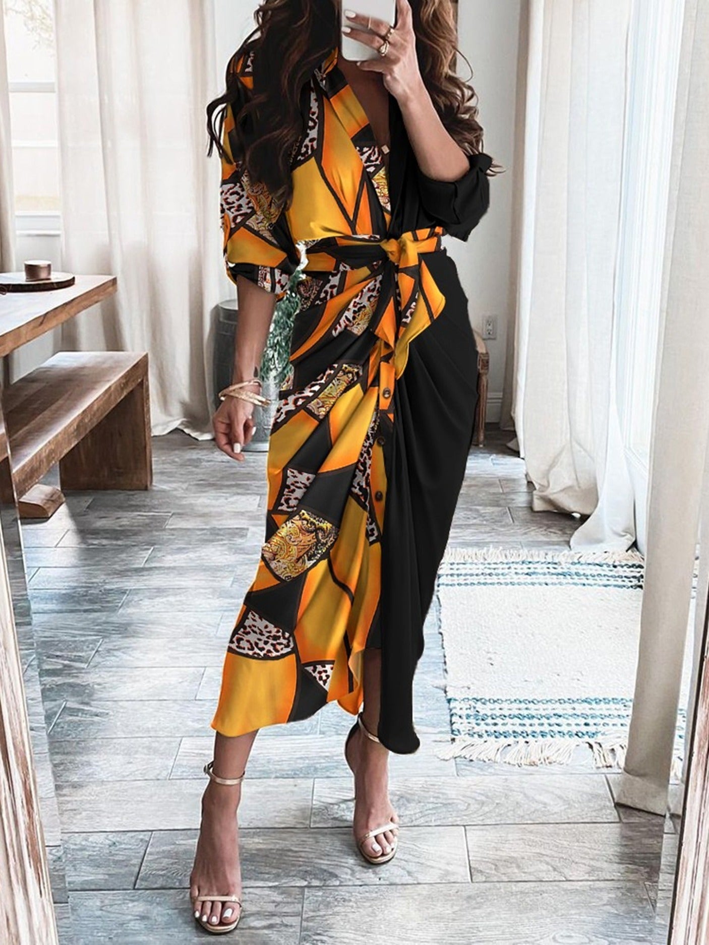 Women's Long Sleeve V Neck Button Print Dress