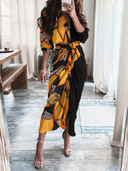 Women's Long Sleeve V Neck Button Print Dress