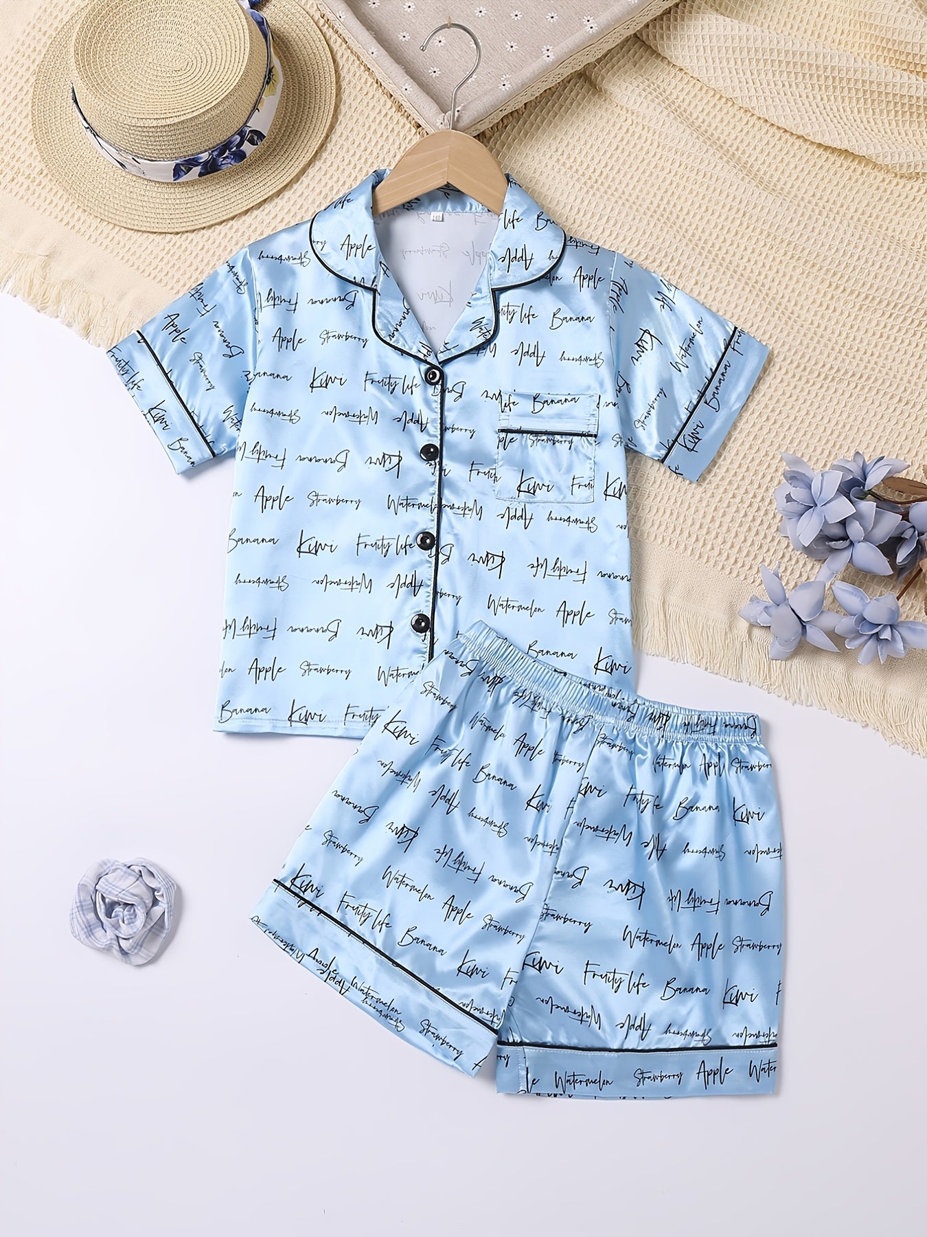 Girls Family Pajama Set V Neck Button Short Sleeve Top & Shorts