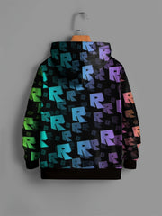 Colorful R Allover Print Hoodie For Kids Casual Pullover Hooded Long Sleeve Top