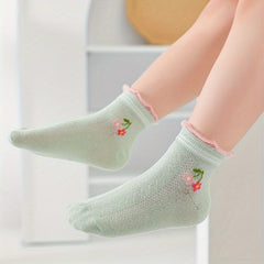 5pairs Girls Casual Knit Flower Print Ruffled Socks Thin Mesh for Spring